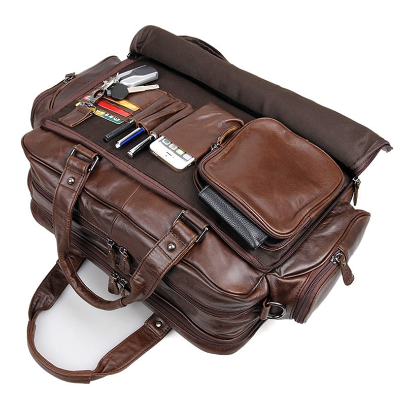 Men's genuine leather briefcase 16" Big real leather laptop tote Multiple pockets business travel bag double layer messenger bag