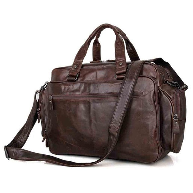 Men's genuine leather briefcase 16" Big real leather laptop tote Multiple pockets business travel bag double layer messenger bag