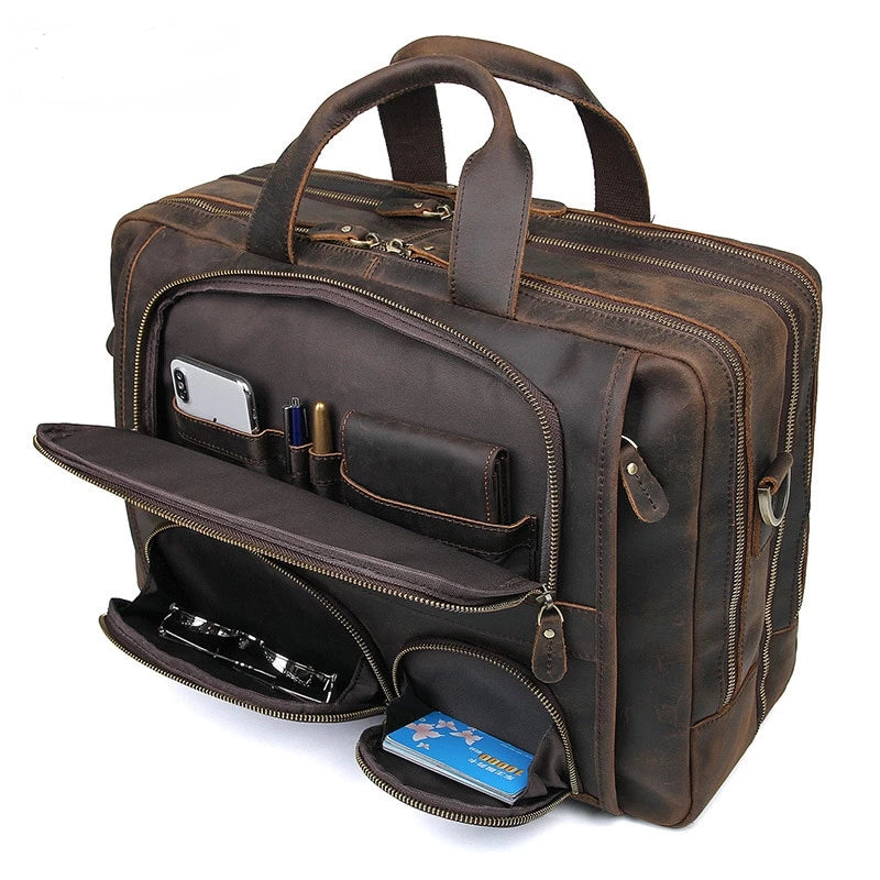 Mens Briefcase With Pockets Cowhide Bag On Business Suitcase Crazy Horse Leather Laptop Bags