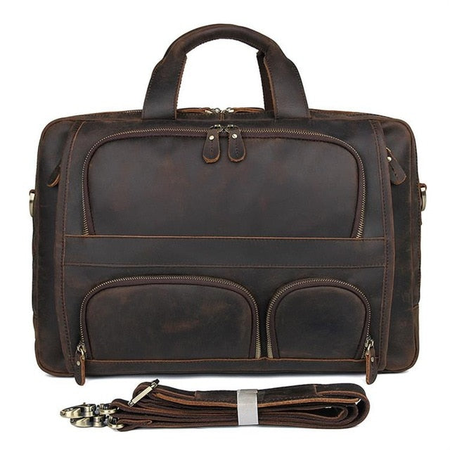 Mens Briefcase With Pockets Cowhide Bag On Business Suitcase Crazy Horse Leather Laptop Bags