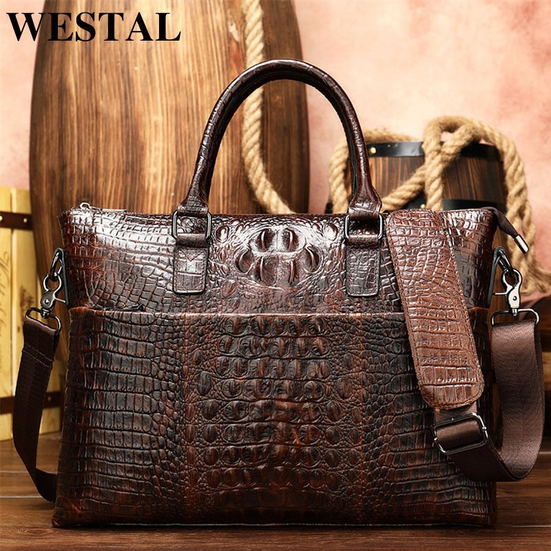 Mens Briefcase Genuine Leather Croco Design Computer Bag