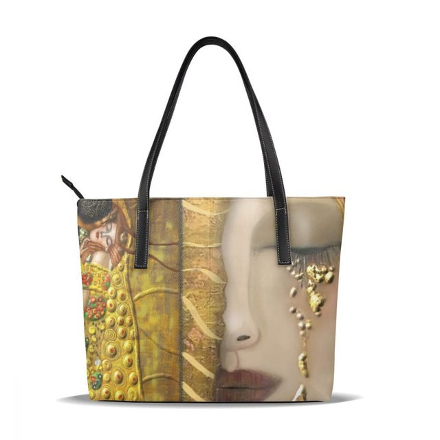 Womans Klimt Pattern Large Leather Tote Bag