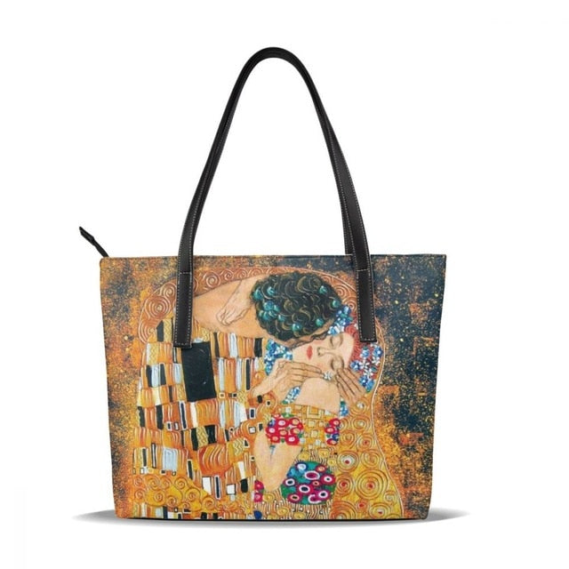 Womans Klimt Pattern Large Leather Tote Bag