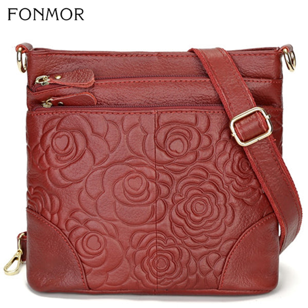 Fashion Soft Genuine Leather Bucket Women Rose Print Messenger Bag