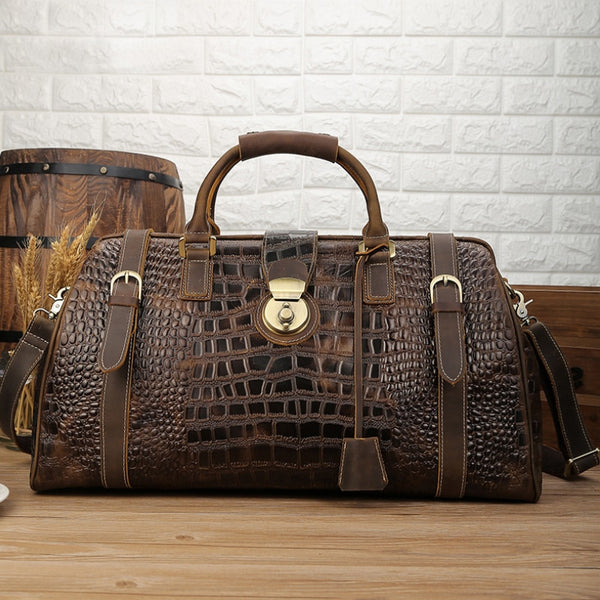 Vintage Genuine Leather Mens Travel Bag Big Capacity Crocodile Travel Duffle Bag