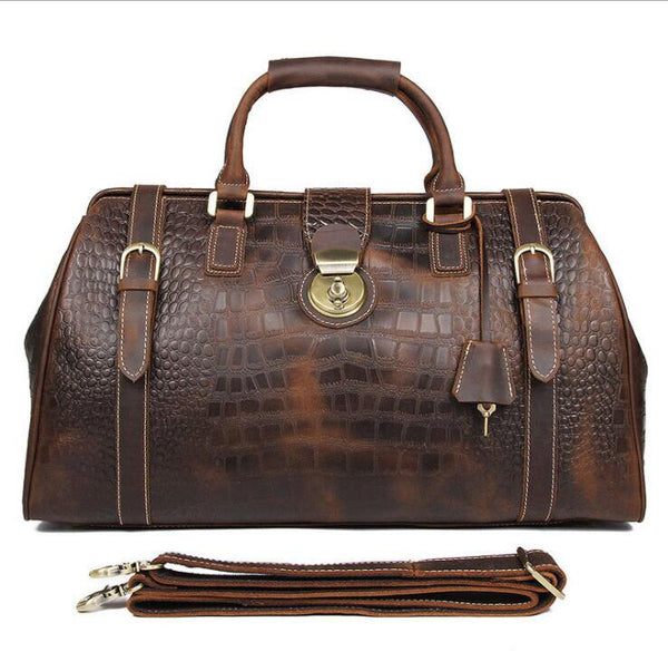 Vintage Genuine Leather Mens Travel Bag Big Capacity Crocodile Travel Duffle Bag