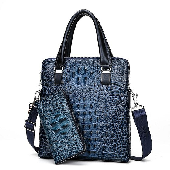 Mens leather briefcase Vertical Crocodile pattern tote handbag