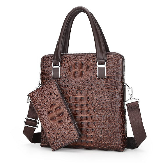 Mens leather briefcase Vertical Crocodile pattern tote handbag