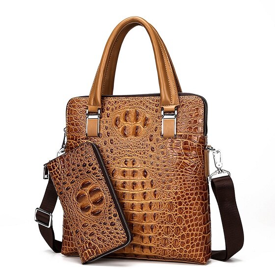 Mens leather briefcase Vertical Crocodile pattern tote handbag