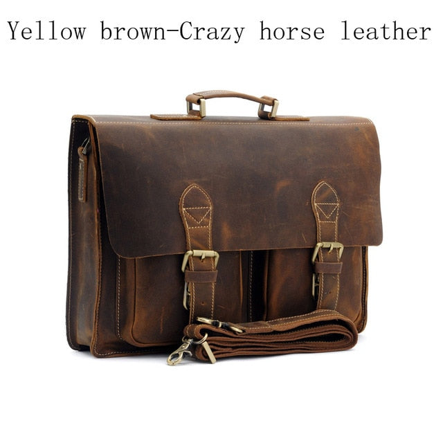 Men's Vintage Real Crazy Horse Leather Briefcase Messenger Shoulder Portfolio Laptop Bag Case Office Handbag