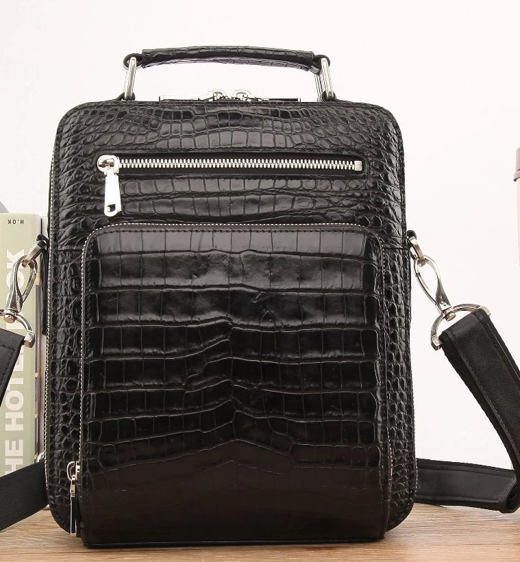 Men's Genuine/Real 100% Crocodile belly skin men bag small size with silver color hardware zipper black color