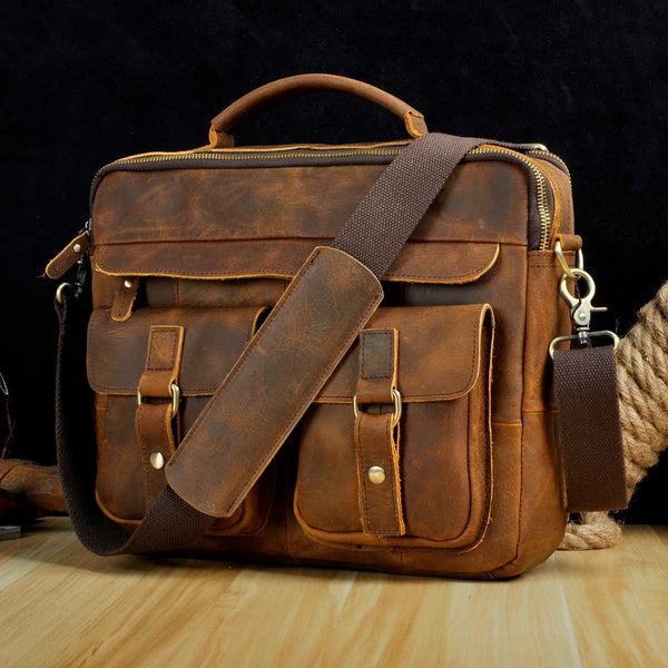 Men Real Leather Antique Style Coffee Briefcase Business 13" Laptop Cases Attache Messenger Bags Portfolio
