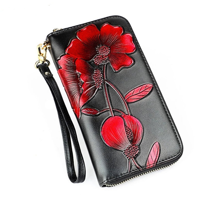 women wallet floral purse long real leather clutch money bag