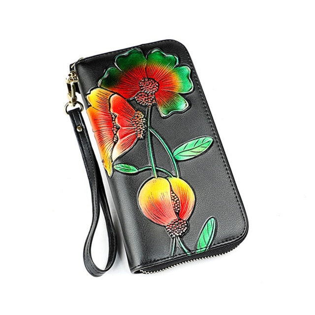 women wallet floral purse long real leather clutch money bag