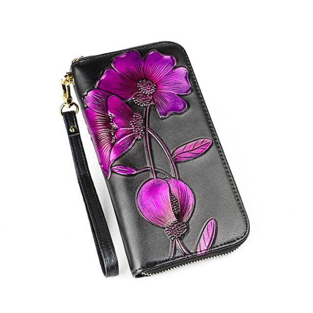 women wallet floral purse long real leather clutch money bag