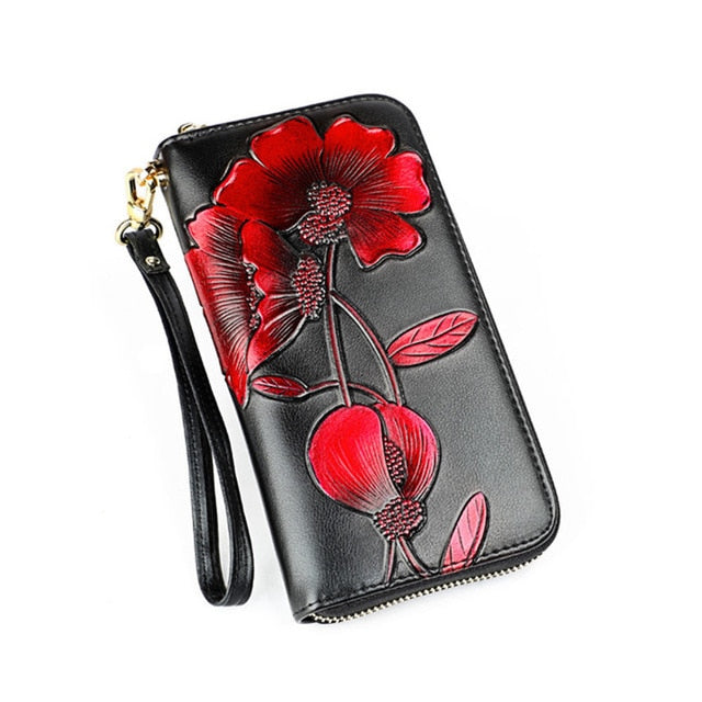 women wallet floral purse long real leather clutch money bag