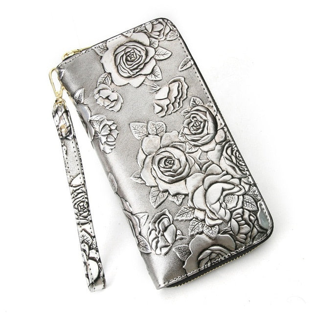 women wallet floral purse long real leather clutch money bag