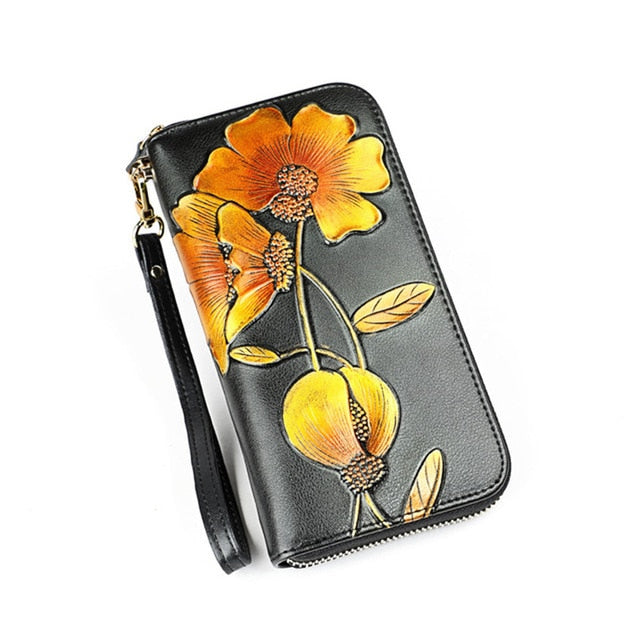 women wallet floral purse long real leather clutch money bag