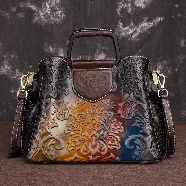 Womans Real Cowhide Top Handle Bag Tote Embossed Vintage Luxury Design Handbag Genuine Leather Messenger Shoulder Bag