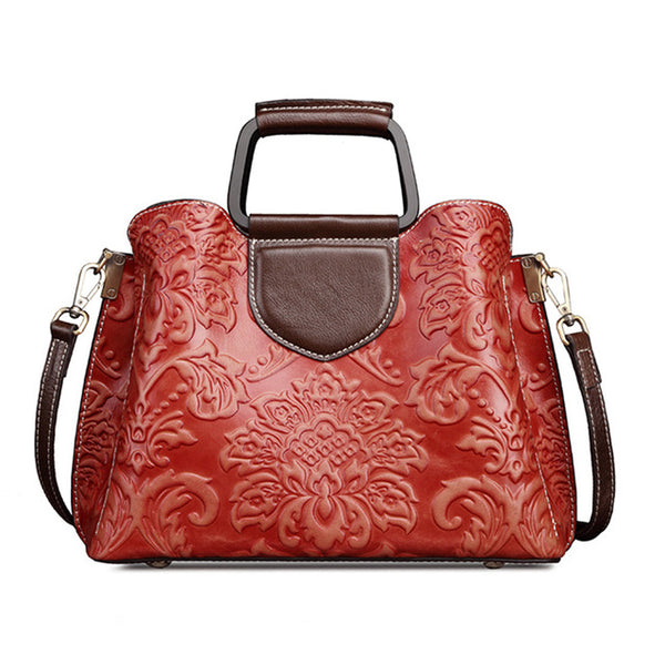 Womans Real Cowhide Top Handle Bag Tote Embossed Vintage Luxury Design Handbag Genuine Leather Messenger Shoulder Bag