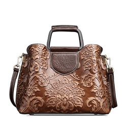 Womans Real Cowhide Top Handle Bag Tote Embossed Vintage Luxury Design Handbag Genuine Leather Messenger Shoulder Bag