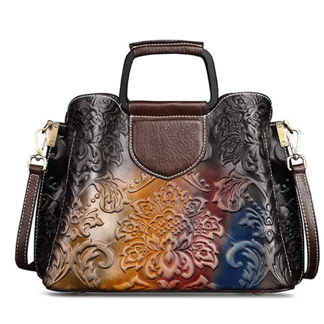 Womans Real Cowhide Top Handle Bag Tote Embossed Vintage Luxury Design Handbag Genuine Leather Messenger Shoulder Bag